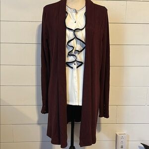 White House Black Market Burgundy Open Front Long Cardigan